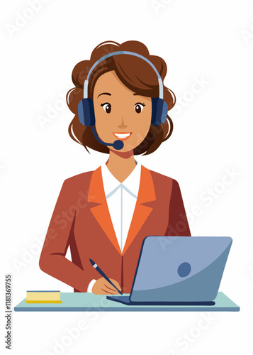 Happy woman wearing headphones giving excellent customer support in telemarketing. Smiling call center worker helping clients remotely with a positive attitude.

