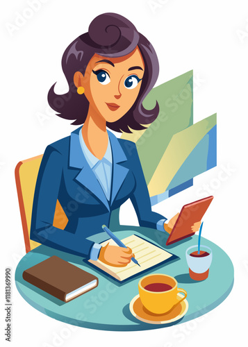 Mujer de negocios con traje escribiendo notas en el escritorio de oficina moderno.
