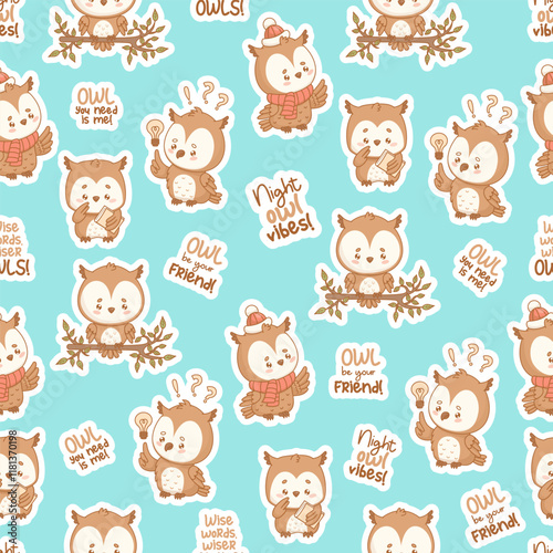 Seamless pattern. Cute cartoon owl character with cool inscriptions on blue background. Vector illustration. Adorable Kids collection