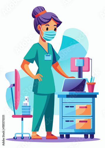Enfermera uniformada de pie en su escritorio en la oficina del hospital, profesional de la salud trabajando en papeleo en el espacio de trabajo médico.