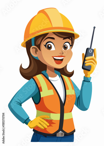  Confident female construction worker in safety gear with walkie talkie