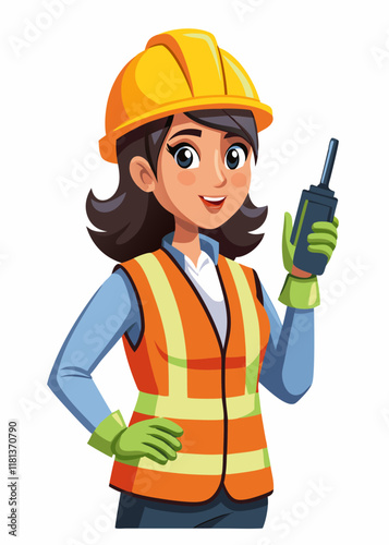  Confident female construction worker in safety gear with walkie talkie