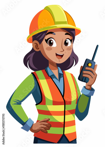  Confident female construction worker in safety gear with walkie talkie
