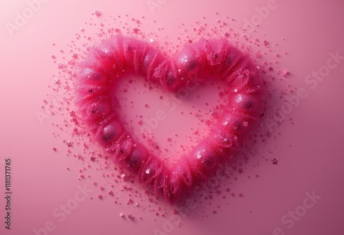 Heart shape made of red particles on pink background