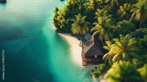 A serene tropical beach scene from a bird's-eye view. 
