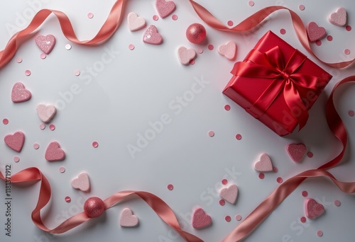 Gift box and rose with hearts on white background
