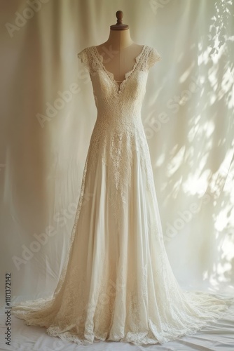 Lace wedding gown displayed on mannequin.