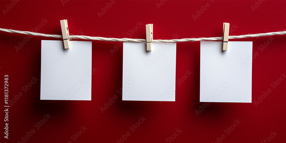 Notes or cards mock-up on a rope on a background of a red wall. Concept banner template for text, notes, photo, declarations of love or holiday garlands, Valentine's style with copyspace Notes or cards mock-up on a rope on a background of a red wall. Concept banner template for text, notes, photo, declarations of love or holiday garlands, Valentine's style with copyspace