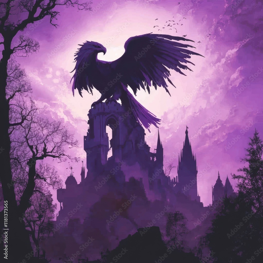 Fototapeta premium Majestic Purple Eagle Atop Ruined Castle Walls