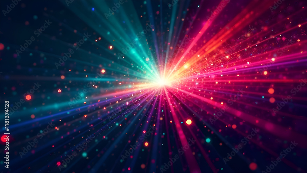 Abstract background. A galaxy decorated with numerous bright lights coming from its core and diverging in different directions.