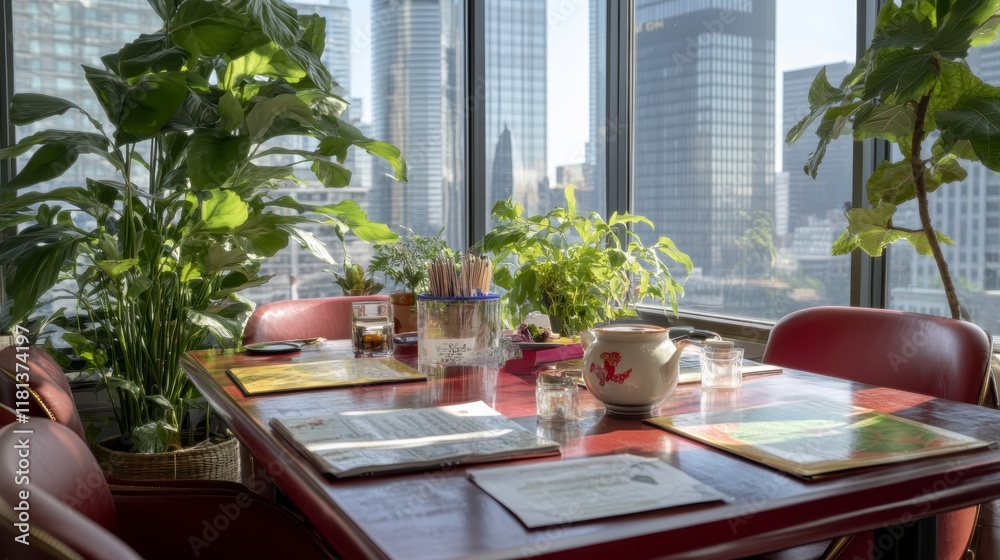 Obraz premium Urban Restaurant Table with City View Plants and Menus