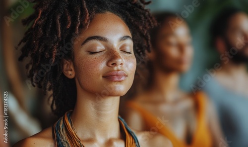 Group, diverse and meditation in a studio for mindfulness practise and spirituality. People sitting, deep breathing and religion for mental health, burnout, zen, calm and stress free, Generative AI