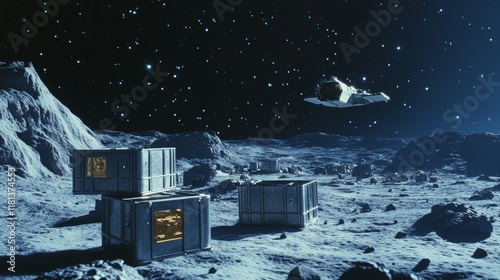 Outdoor photo of realistic aerial shot of a tiny spacecraft delivering a metal boxes on a moon colony photo