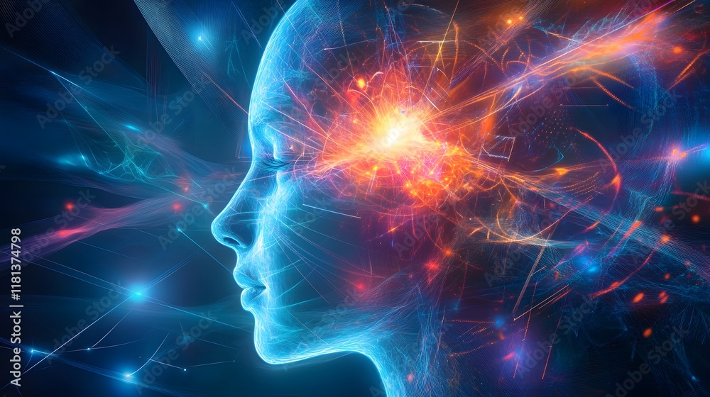Digital illustration of abstract human profile, glowing neural connections, symbolizing artificial intelligence and creativity. Digital illustration of abstract human profile, glowing neural connections, symbolizing artificial intelligence and creativity.