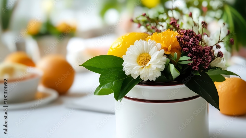 Fototapeta premium Vibrant Spring Floral Arrangement in White Ceramic Pot with Lemons and Oranges