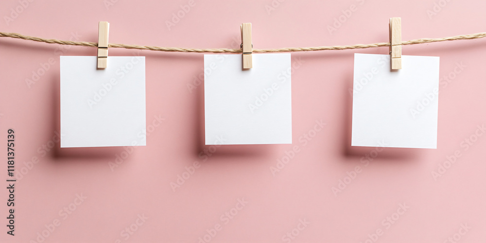 Notes or cards mock-up on a rope on a background of a pink wall. Concept banner template for text, notes, photo, declarations of love or holiday garlands, Valentine's style with copyspace Notes or cards mock-up on a rope on a background of a pink wall. Concept banner template for text, notes, photo, declarations of love or holiday garlands, Valentine's style with copyspace