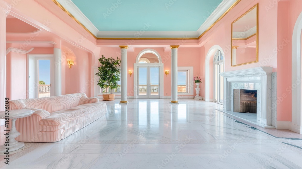 Fototapeta premium A spacious living room with plush velvet sofas, a marble fireplace, and gold accents in the decor, conveying a sense of opulence and luxurious living.