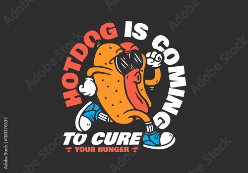 Hot Dog with sunglasses character in running pose. Hotdog is coming