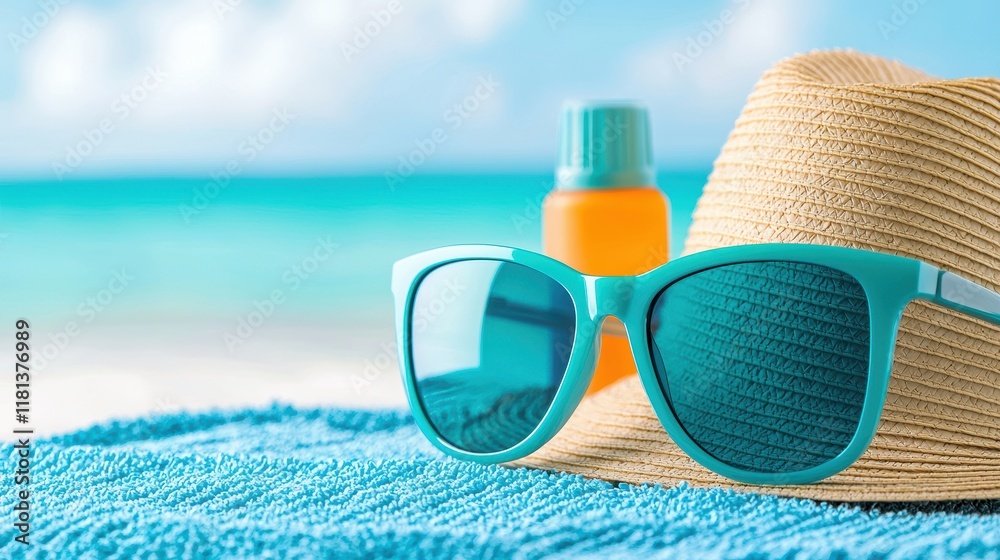 A pair of sunglasses resting on a beach towel with a bottle of sunscreen and a wide brimmed hat, emphasizing the importance of protecting both eyes and skin from the sun. A pair of sunglasses resting on a beach towel with a bottle of sunscreen and a wide brimmed hat, emphasizing the importance of protecting both eyes and skin from the sun.