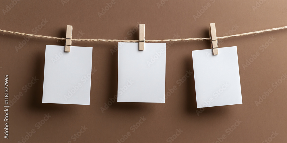 Notes or cards mock-up on a rope on a brown and mocha mousse background. Concept banner template for text, notes, photo, declarations of love or holiday garlands, Valentine's style with copyspace Notes or cards mock-up on a rope on a brown and mocha mousse background. Concept banner template for text, notes, photo, declarations of love or holiday garlands, Valentine's style with copyspace