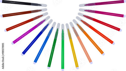 A set of felt-tip pens with primary colors for drawing and coloring. For sale and advertising of markers and drawing with them. Marker for drawing courses. Set of markers with a cap for children.