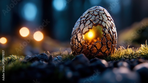 An alluring golden egg rests on the forest floor, surrounded by soft moss and natural beauty, inviting viewers to explore a world of mystery, magic, and hidden treasures. photo