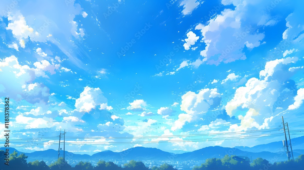 Serene view of an anime summer morning with clouds drifting across a bright blue sky