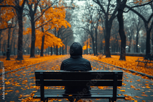 A close-up of a person sitting on a lonely park bench, surrounded by an empty, desolate environment, conveying deep feelings of isolation and emotional heaviness associated with depression.