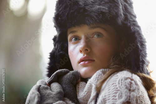 Teenage Girl Wearing Fur Hat
 photo