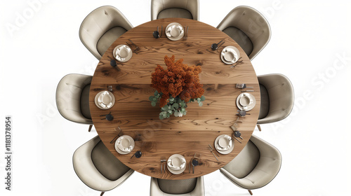 Overhead view of dining set with a wooden table and beige chairs. Round table on transparent background. Cut out furniture. Top view. Flat lay, floor plan elements. 3D rendering.