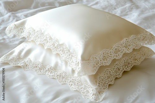 Cream pillows, delicate lace trim, smooth fabric.