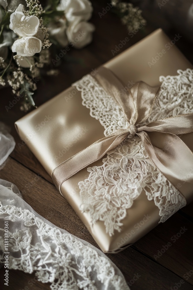 Lace-trimmed silk wrapping paper for an elegant gift presentation, elegantly arranged on a luxurious wooden table Lace-trimmed silk wrapping paper for an elegant gift presentation, elegantly arranged on a luxurious wooden table