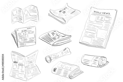 Fresh newspaper hand drawn doodle, latest news, contour drawing, latest publishing. Sketchy news paper stack, local or world news.
