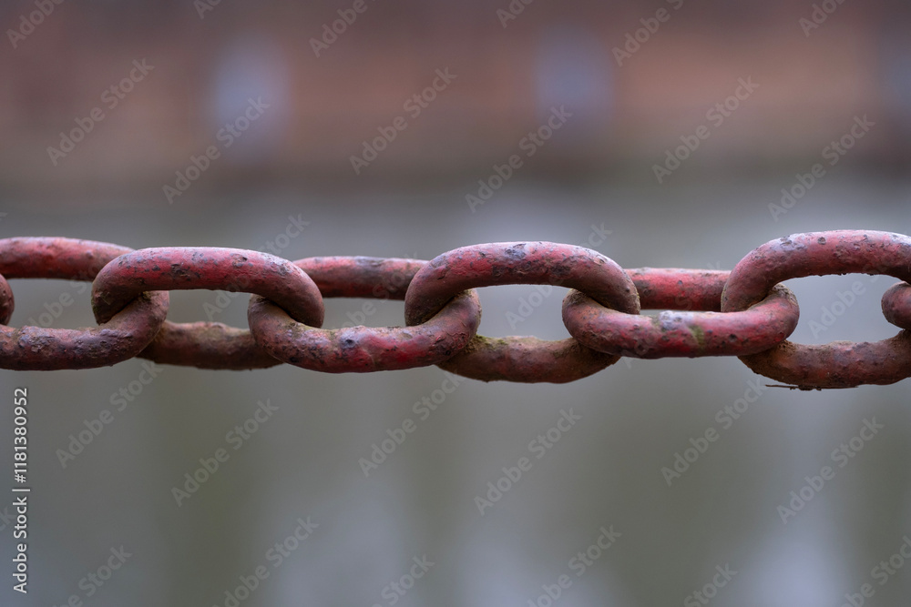 Rusty red chain suspended against a blurred neutral background Rusty red chain suspended against a blurred neutral background