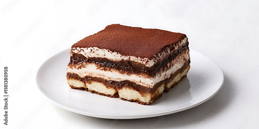 A slice of traditional tiramisu with layers of coffee-soaked ladyfingers, mascarpone cream, and cocoa powder, to use in graphic design A slice of traditional tiramisu with layers of coffee-soaked ladyfingers, mascarpone cream, and cocoa powder, to use in graphic design