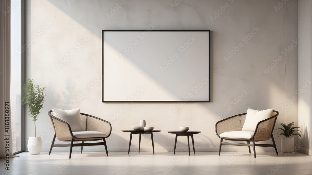 minimal living room, pearl color wall background with armchair, and blank poster frame minimal living room, pearl color wall background with armchair, and blank poster frame