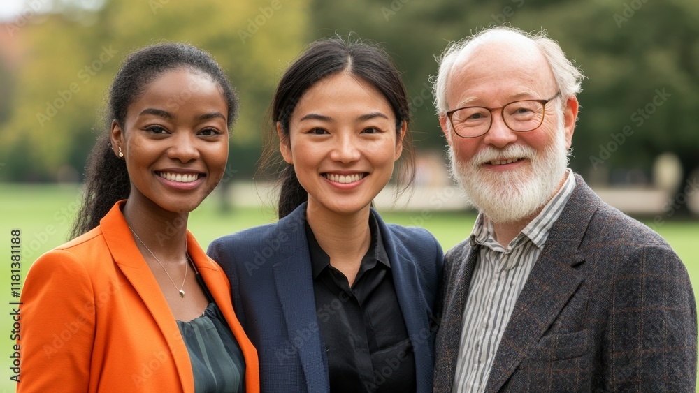 Diverse individuals smiling outdoors in a sunny park Diverse individuals smiling outdoors in a sunny park