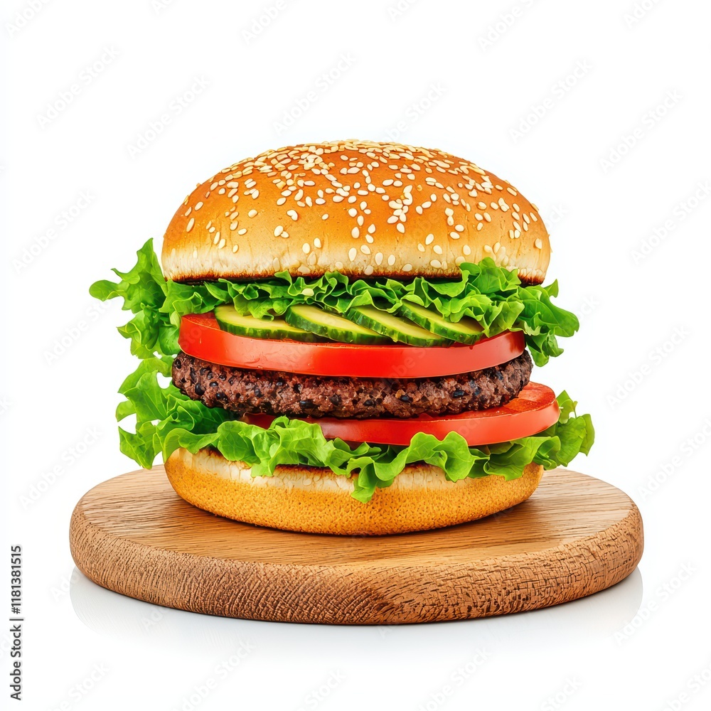 Delicious gourmet hamburger with fresh vegetables on wooden board Delicious gourmet hamburger with fresh vegetables on wooden board