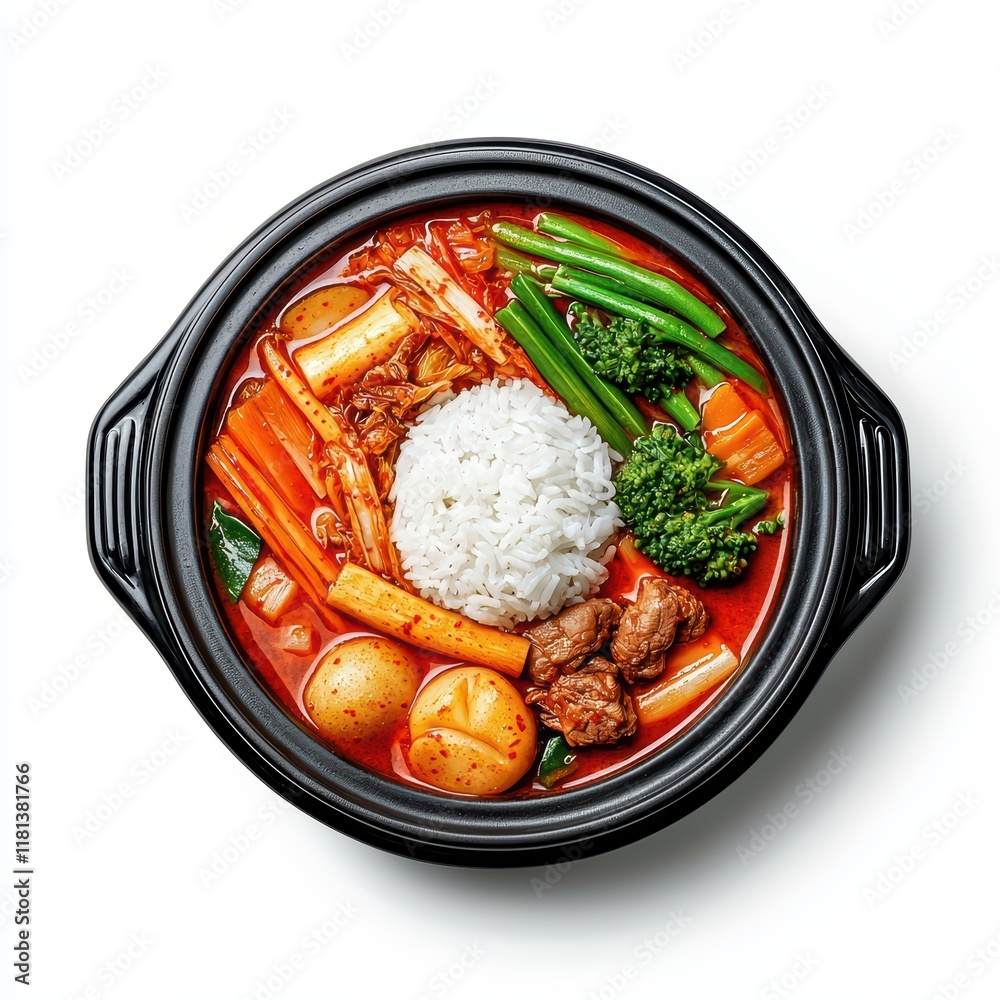 Fototapeta premium Delicious Korean Hot Pot with Rice, Vegetables, and Beef