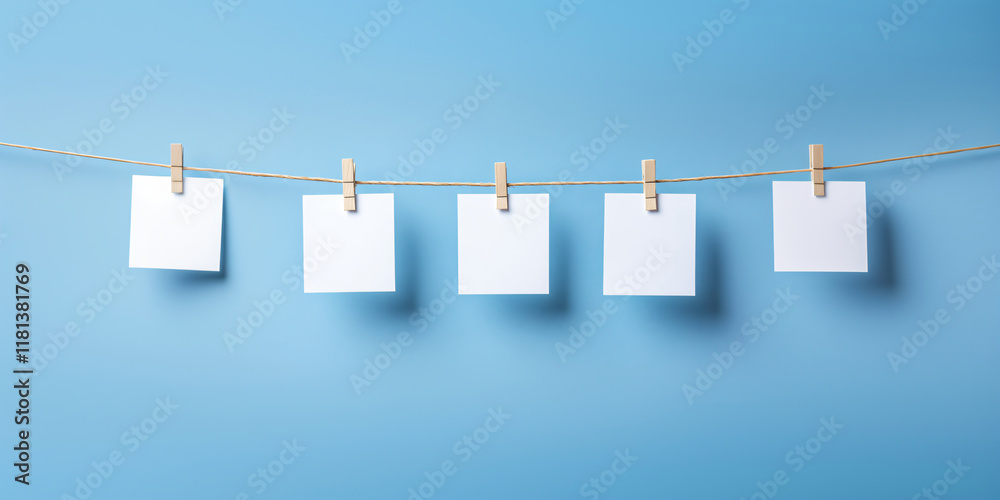 Notes or cards mock-up on a rope on a background of a blue wall. Concept banner template for text, notes, photo, declarations of love or holiday garlands, Valentine's style with copyspace Notes or cards mock-up on a rope on a background of a blue wall. Concept banner template for text, notes, photo, declarations of love or holiday garlands, Valentine's style with copyspace
