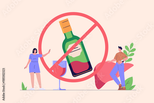Stop drinking illustration. Healthy people refuse alcoholic drinks. Concept of alcohol addiction, sober, healthy lifestyle without alcohol. Vector flat cartoon design for web banners