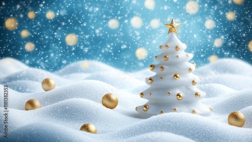 Snowy landscape with a white Christmas tree and gold decor photo