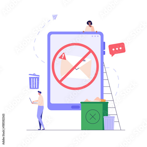 Spam message illustration. User receiving spam email and using anti-spam protection. Concept of spam software spreading, ad blocking, phishing attack, noise advertising. Vector flat cartoon design