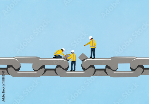 Construction workers fixing broken weak link on chain
 photo