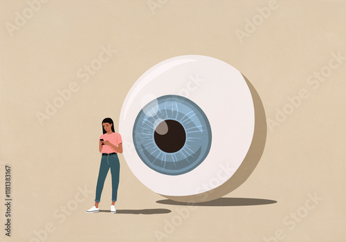 Large surveillance eyeball looking over shoulder of young woman texting with smart phone
 photo