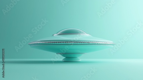 Futuristic Spaceship: A Teal UFO in a Minimalist Setting.  Sci-fi, Spacecraft, Alien Technology, Futuristic Design, Smooth Curves, Pastel Colors