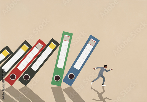 Businessman running from falling binders on beige background
 photo