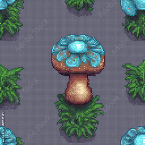 Pixel art of a mushroom amidst a lush forest scene.