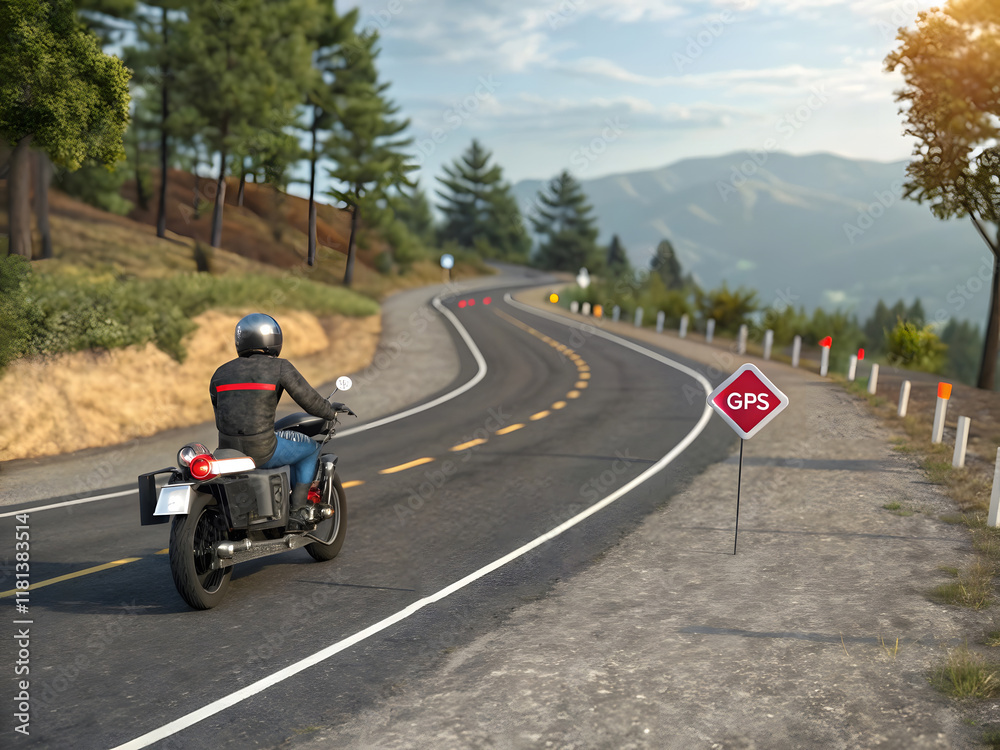 Rider drives his motorcycle along GPS with many pins in the map Rider drives his motorcycle along GPS with many pins in the map