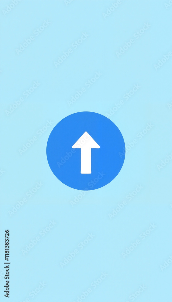 Blue upward arrow inside circle on light blue background Blue upward arrow inside circle on light blue background